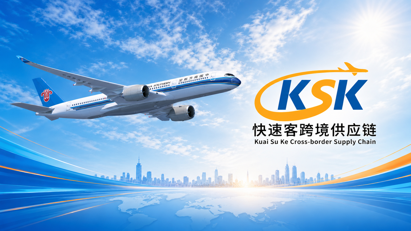 中国南方航空飞机与KSK快速客跨境供应链品牌广告图